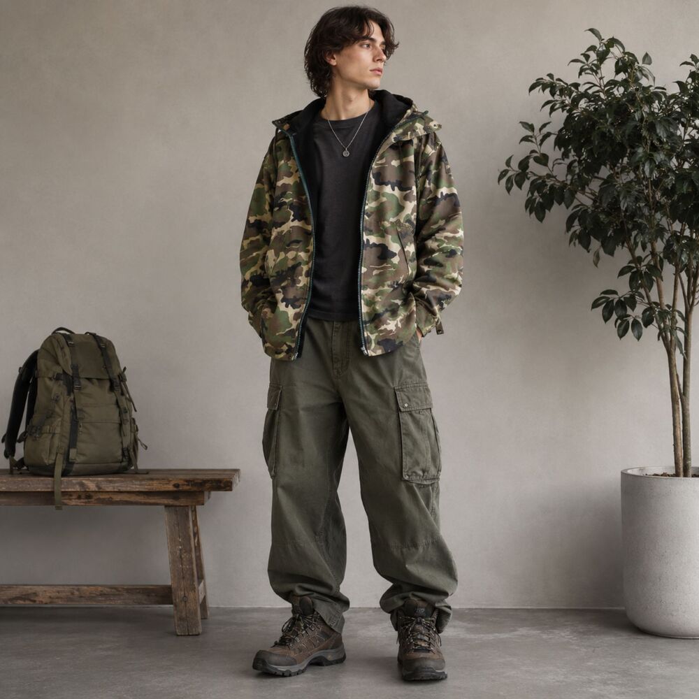 Yess Camo Hooded Fleece Lined Utility Jacket Men's M Gorpcore Full Zip